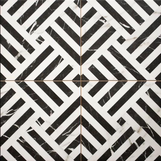 A bold black and white geometric design tile from Delforno tiles and Timber
